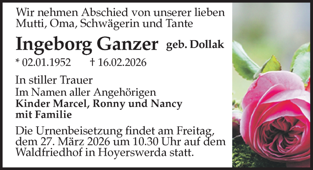  Traueranzeige für Ingeborg Ganzer vom 28.02.2026 aus Sächsische Zeitung