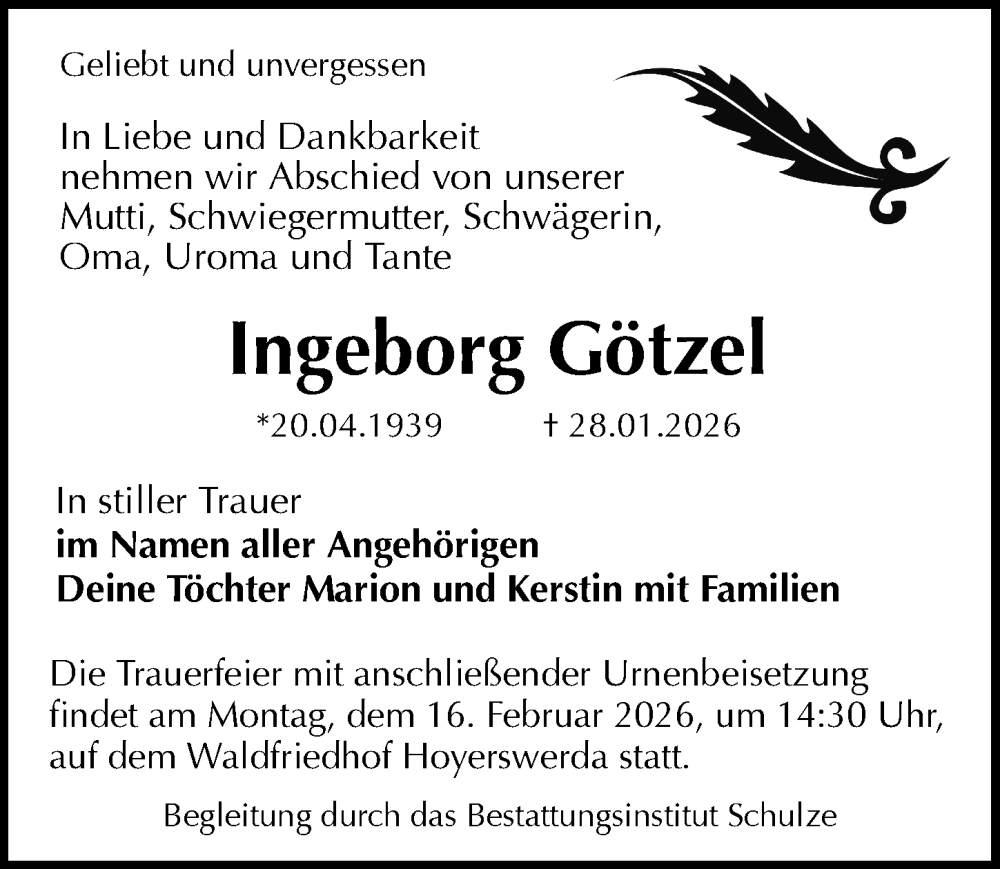  Traueranzeige für Ingeborg Götzel vom 07.02.2026 aus Sächsische Zeitung