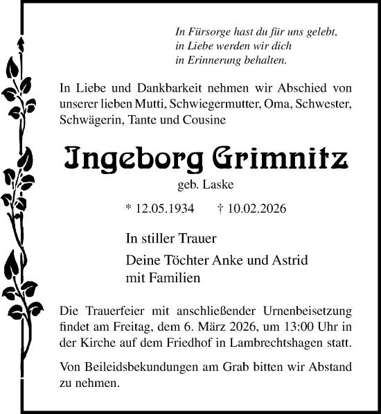 Traueranzeige von Ingeborg Grimnitz von Ostsee-Zeitung GmbH
