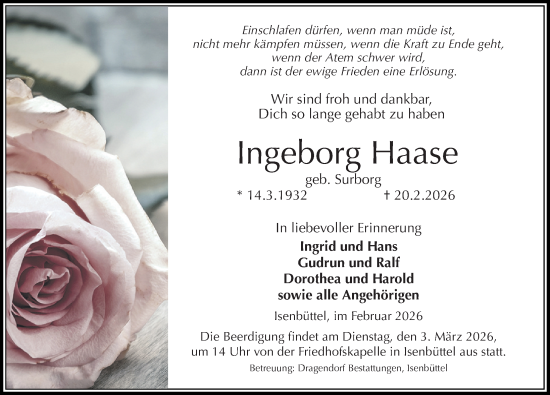 Traueranzeige von Ingeborg Haase von Aller Zeitung