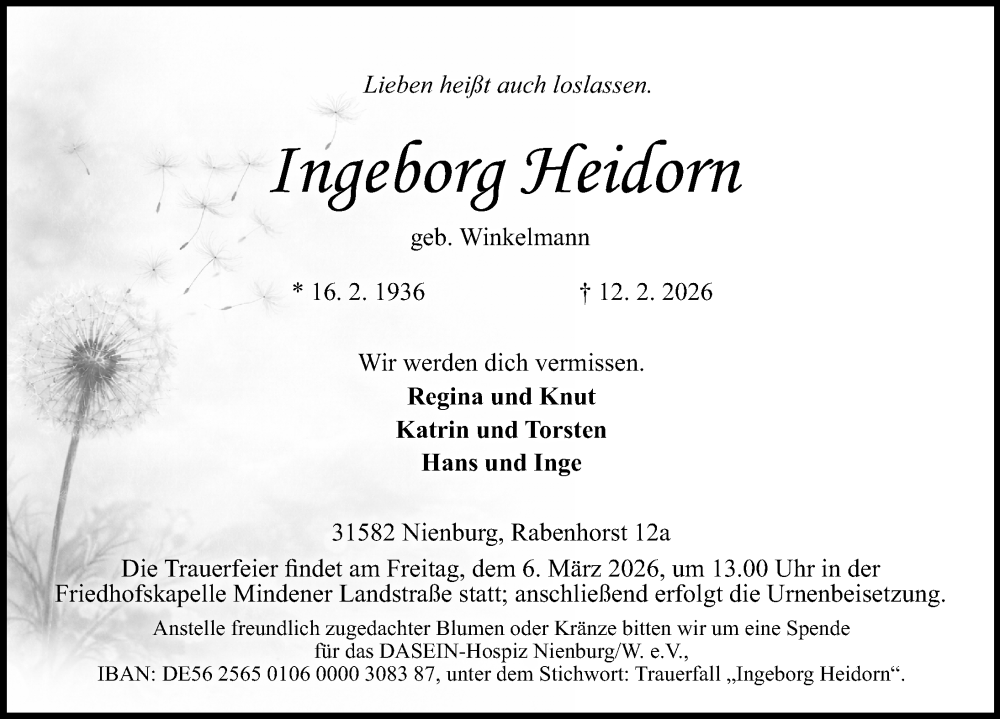  Traueranzeige für Ingeborg Heidorn vom 28.02.2026 aus Die Harke