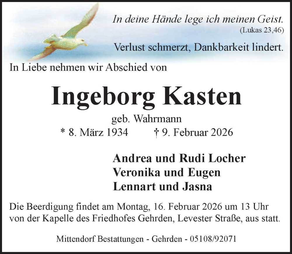  Traueranzeige für Ingeborg Kasten vom 14.02.2026 aus Hannoversche Allgemeine Zeitung/Neue Presse