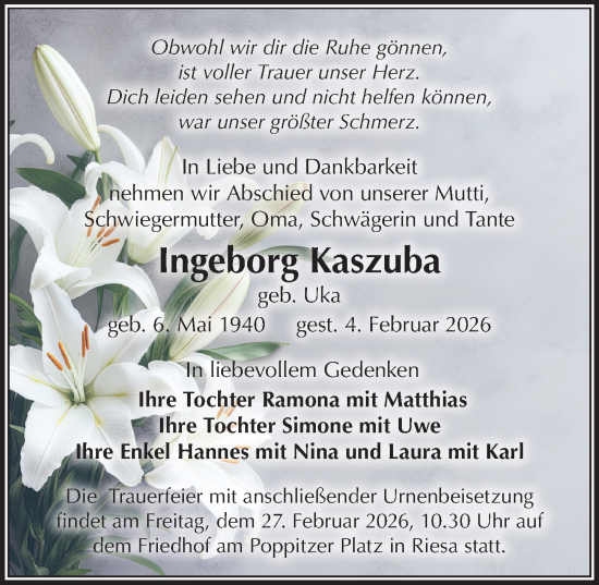 Traueranzeige von Ingeborg Kaszuba von Sächsische Zeitung