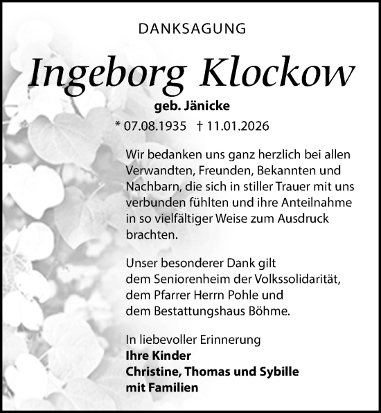 Traueranzeige von Ingeborg Klockow von Torgauer Zeitung