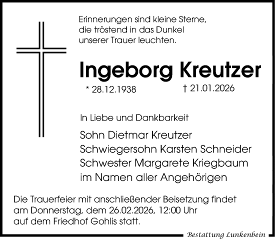 Traueranzeige von Ingeborg Kreutzer von Leipziger Volkszeitung