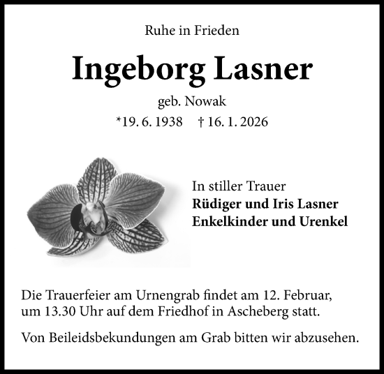 Traueranzeige von Ingeborg Lasner von Kieler Nachrichten