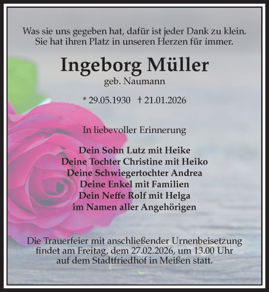 Traueranzeige von Ingeborg Müller von Sächsische Zeitung