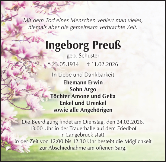 Traueranzeige von Ingeborg Preuß von Sächsische Zeitung