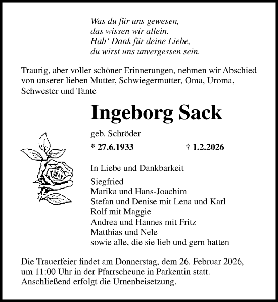Traueranzeige von Ingeborg Sack von Ostsee-Zeitung GmbH
