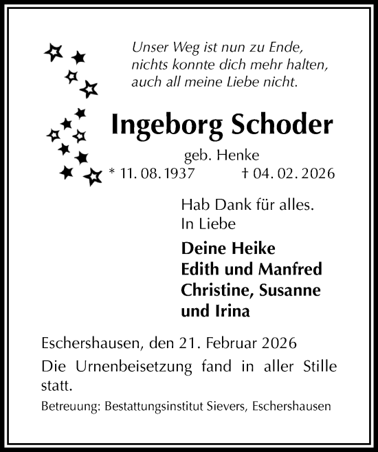 Traueranzeige von Ingeborg Schoder von Täglicher Anzeiger Holzminden