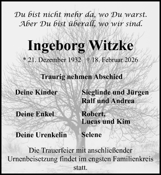 Traueranzeige von Ingeborg Witzke von Ostsee-Zeitung GmbH