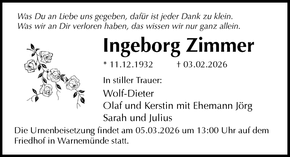  Traueranzeige für Ingeborg Zimmer vom 14.02.2026 aus Ostsee-Zeitung GmbH