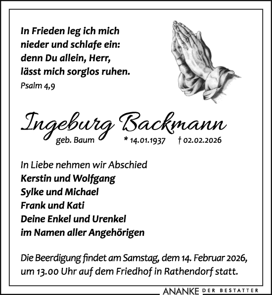 Traueranzeige von Ingeburg Backmann von Leipziger Volkszeitung