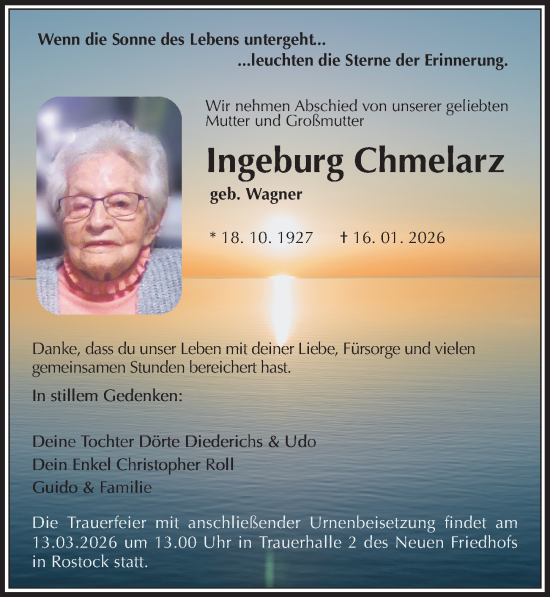 Traueranzeige von Ingeburg Chmelarz von Ostsee-Zeitung GmbH