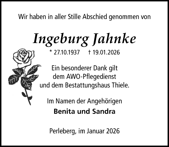 Traueranzeige von Ingeburg Jahnke von Wochenspiegel