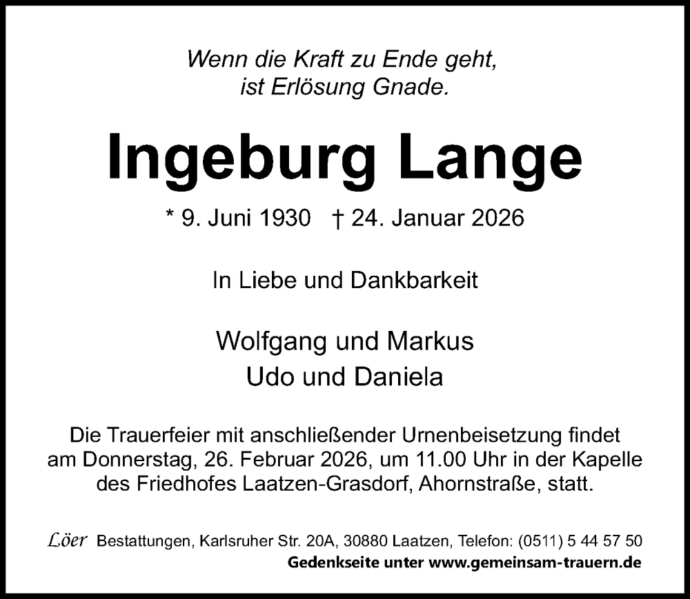  Traueranzeige für Ingeburg Lange vom 21.02.2026 aus Hannoversche Allgemeine Zeitung/Neue Presse