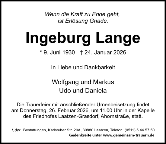 Traueranzeige von Ingeburg Lange von Hannoversche Allgemeine Zeitung/Neue Presse