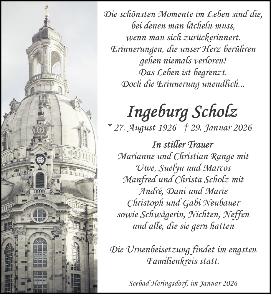  Traueranzeige für Ingeburg Scholz vom 07.02.2026 aus Ostsee-Zeitung GmbH