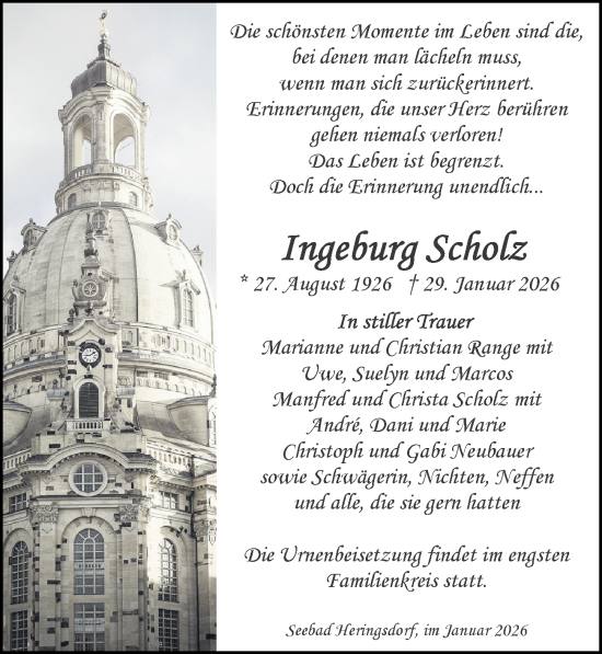 Traueranzeige von Ingeburg Scholz von Ostsee-Zeitung GmbH