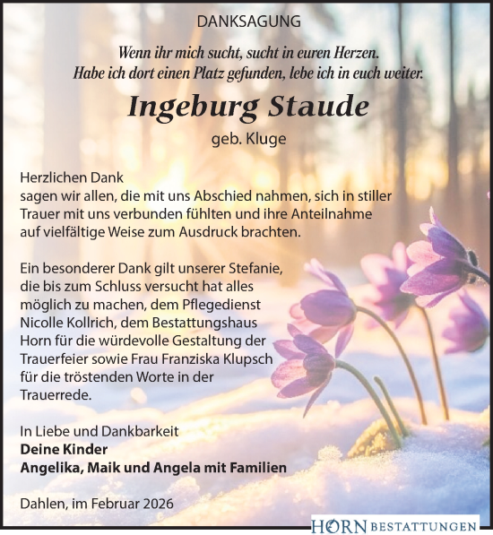 Traueranzeige von Ingeburg Staude von Leipziger Volkszeitung