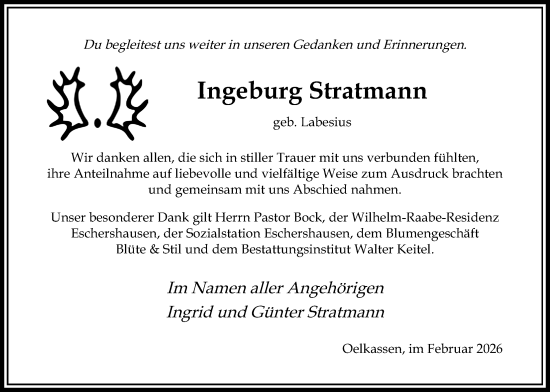 Traueranzeige von Ingeburg Stratmann von Täglicher Anzeiger Holzminden