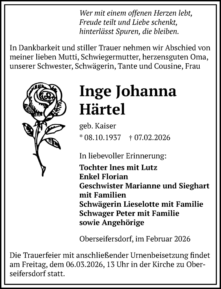  Traueranzeige für Inge Johanna Härtel vom 21.02.2026 aus Sächsische Zeitung