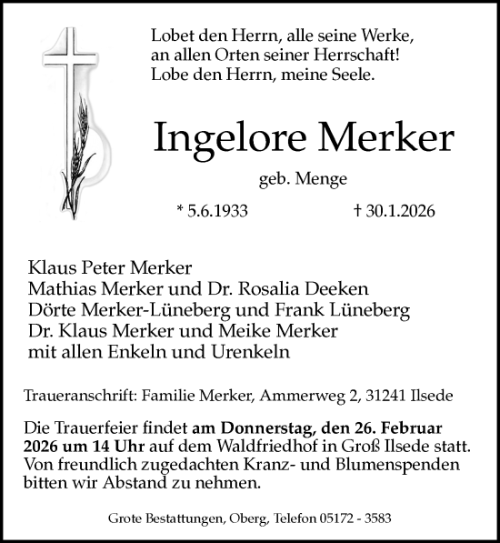 Traueranzeige von Ingelore Merker von Peiner Allgemeine Zeitung