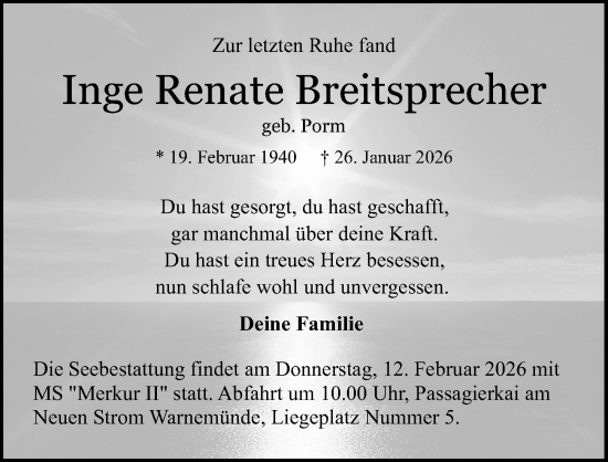 Traueranzeige von Inge Renate Breitsprecher von Ostsee-Zeitung GmbH
