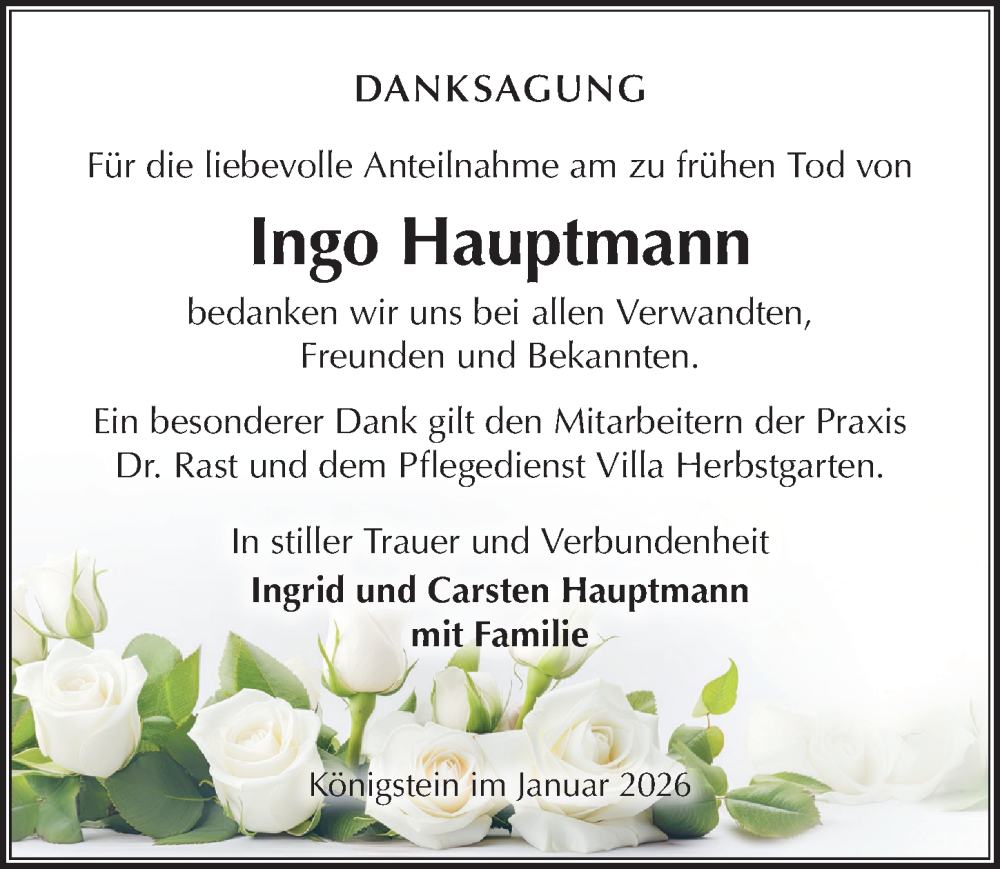  Traueranzeige für Ingo Hauptmann vom 24.01.2026 aus Sächsische Zeitung