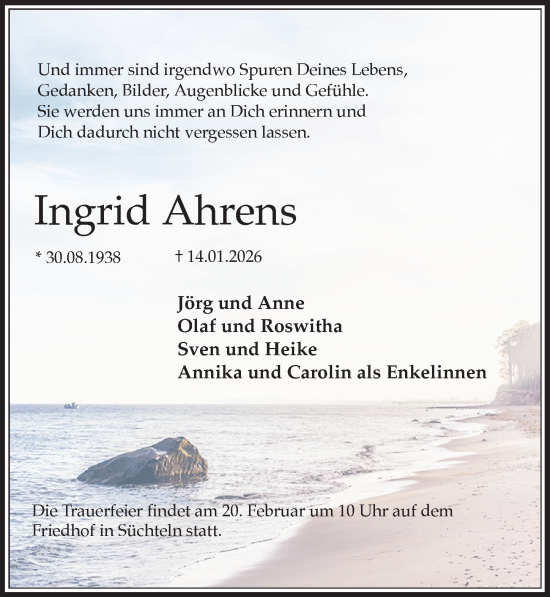Traueranzeige von Ingrid Ahrens von Ostsee-Zeitung GmbH