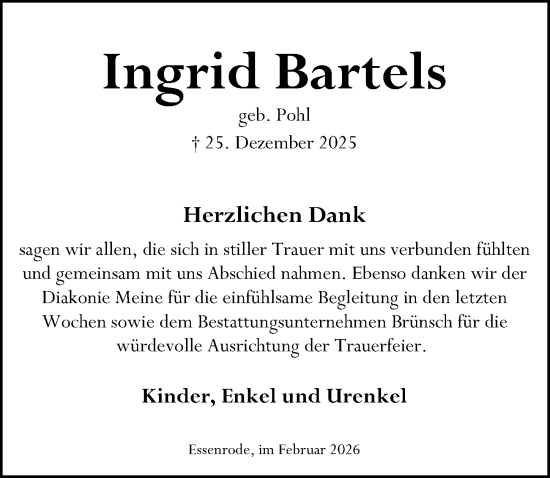 Traueranzeige von Ingrid Bartels von Aller Zeitung