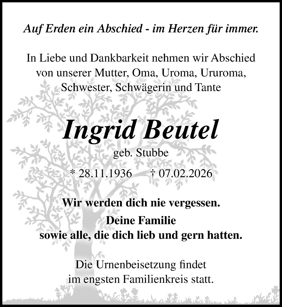  Traueranzeige für Ingrid Beutel vom 21.02.2026 aus Ostsee-Zeitung GmbH