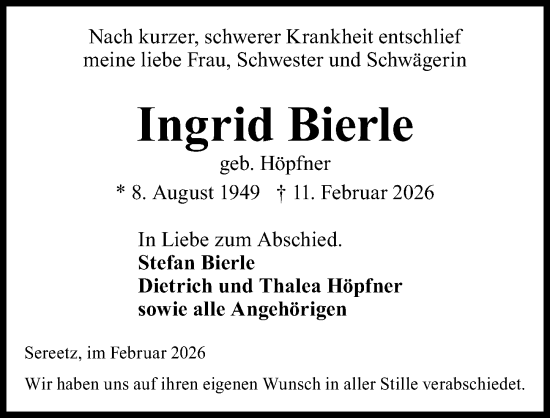 Traueranzeige von Ingrid Bierle von Lübecker Nachrichten
