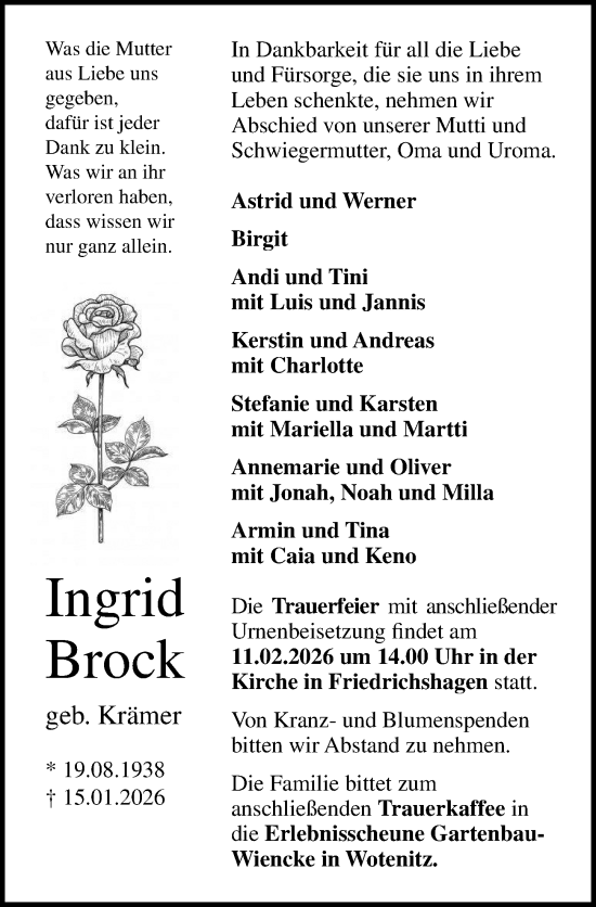 Traueranzeige von Ingrid Brock von Ostsee-Zeitung GmbH
