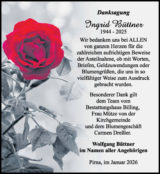 Traueranzeige von Ingrid Büttner von Sächsische Zeitung