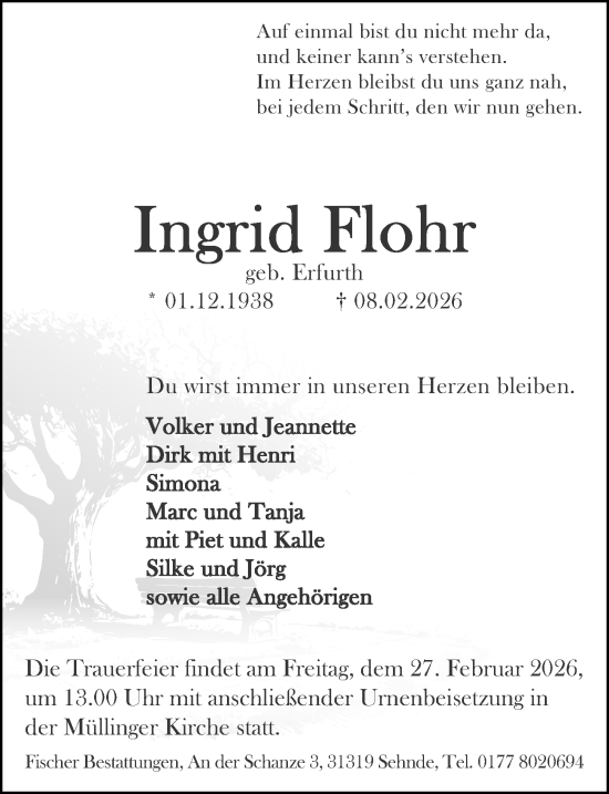 Traueranzeige von Ingrid Flohr von Hannoversche Allgemeine Zeitung/Neue Presse