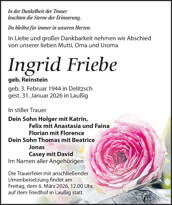 Traueranzeige von Ingrid Friebe von Leipziger Volkszeitung