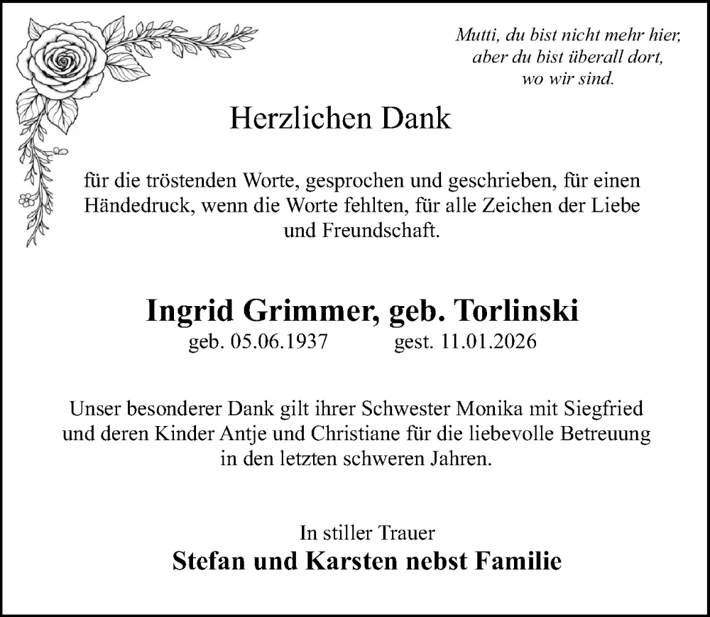  Traueranzeige für Ingrid Grimmer vom 21.02.2026 aus Ostsee-Zeitung GmbH