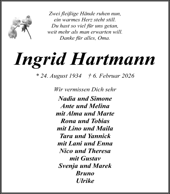 Traueranzeige von Ingrid Hartmann von Kieler Nachrichten