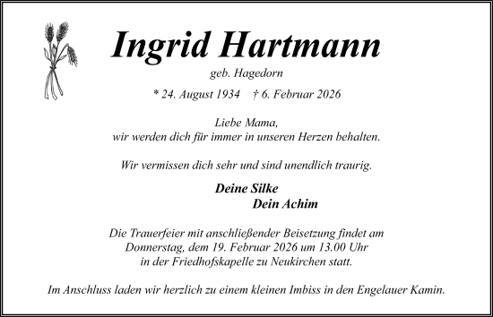 Traueranzeige von Ingrid Hartmann von Kieler Nachrichten