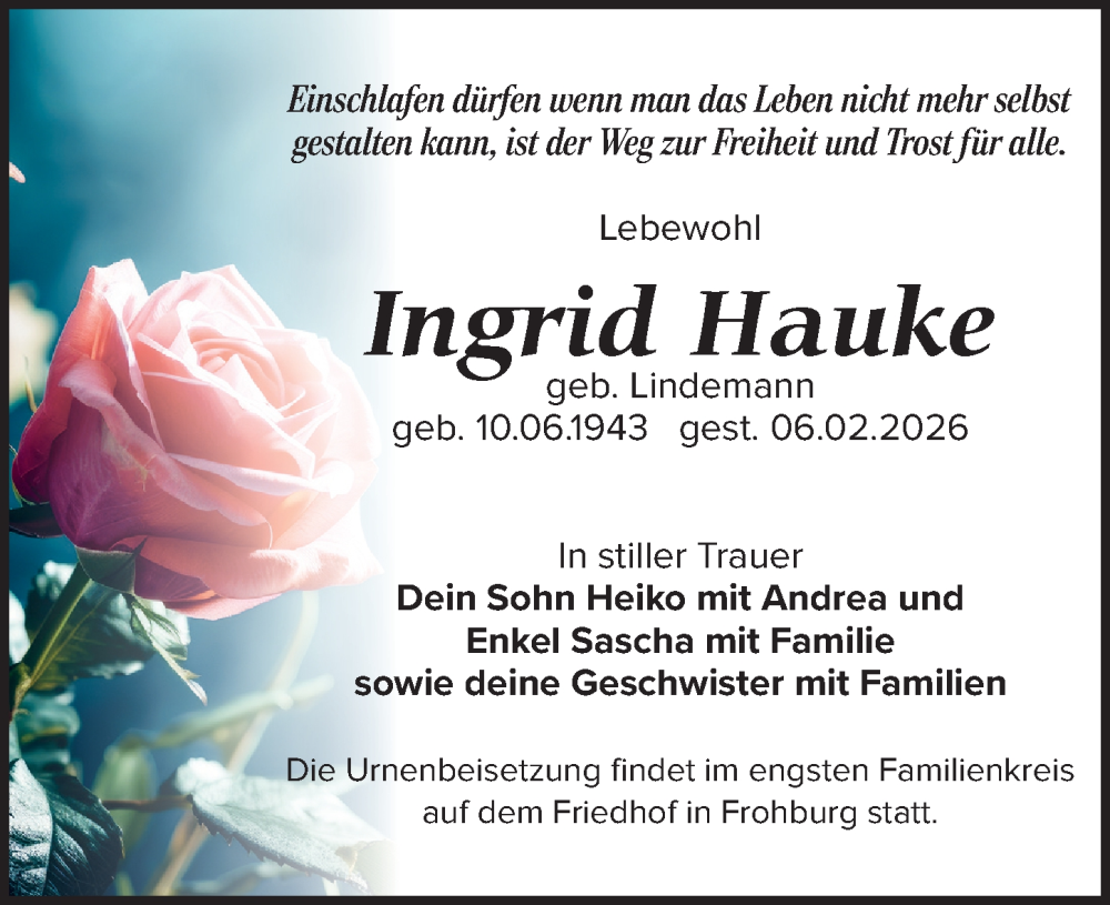  Traueranzeige für Ingrid Hauke vom 14.02.2026 aus Leipziger Volkszeitung