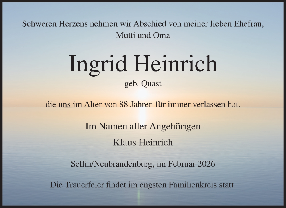  Traueranzeige für Ingrid Heinrich vom 21.02.2026 aus Ostsee-Zeitung GmbH