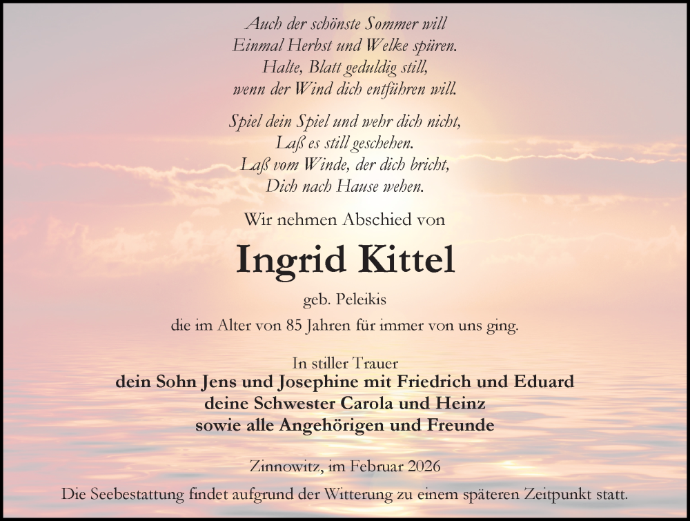  Traueranzeige für Ingrid Kittel vom 14.02.2026 aus Ostsee-Zeitung GmbH