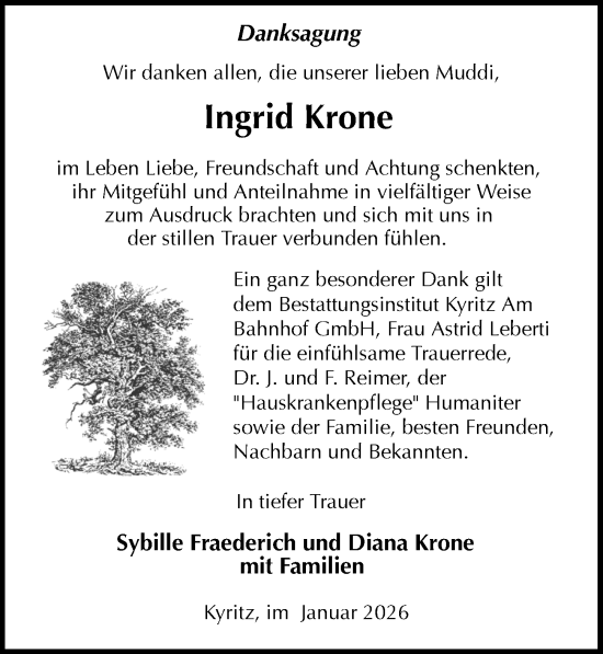Traueranzeige von Ingrid Krone von Wochenspiegel