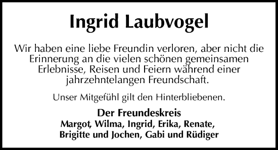 Traueranzeige von Ingrid Laubvogel von Die Harke