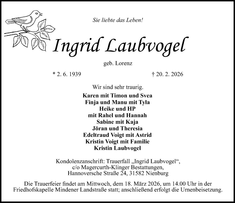  Traueranzeige für Ingrid Laubvogel vom 28.02.2026 aus Die Harke
