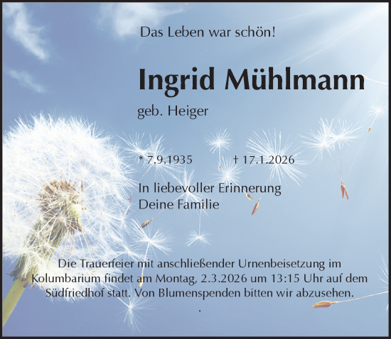 Traueranzeige von Ingrid Mühlmann von Leipziger Volkszeitung