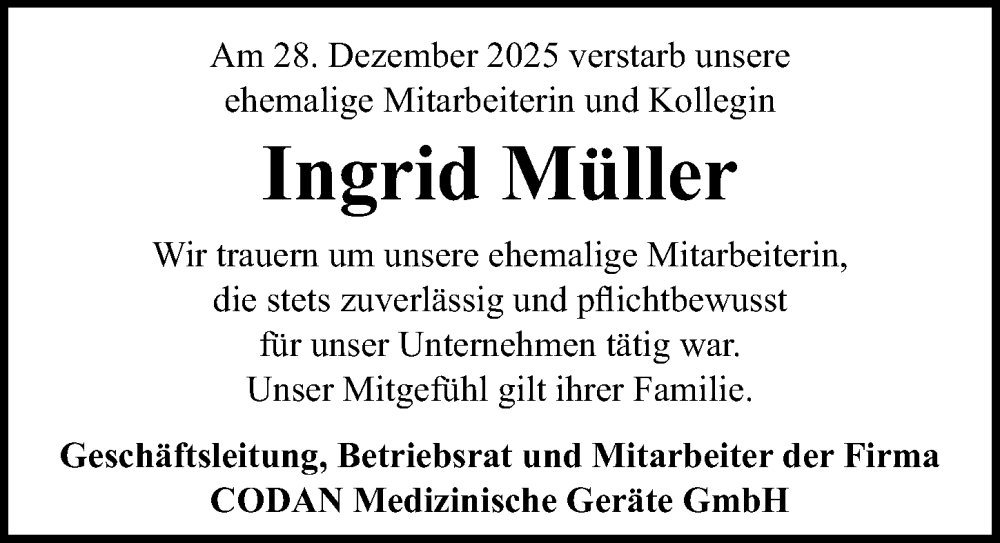  Traueranzeige für Ingrid Müller vom 04.02.2026 aus Lübecker Nachrichten