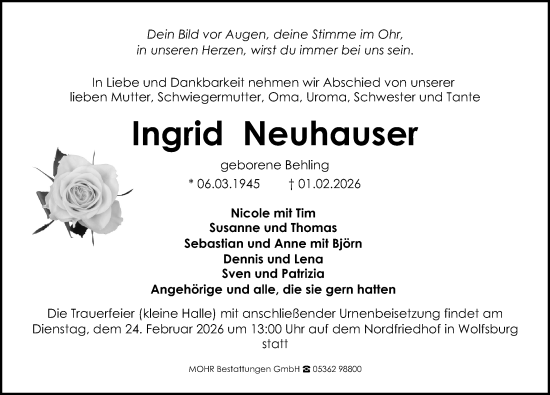 Traueranzeige von Ingrid Neuhauser von Aller Zeitung