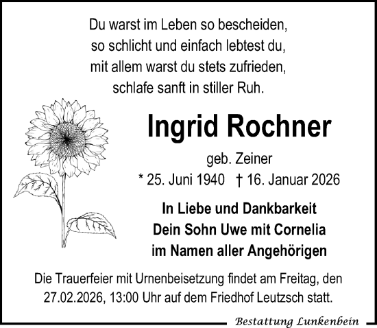Traueranzeige von Ingrid Rochner von Leipziger Volkszeitung